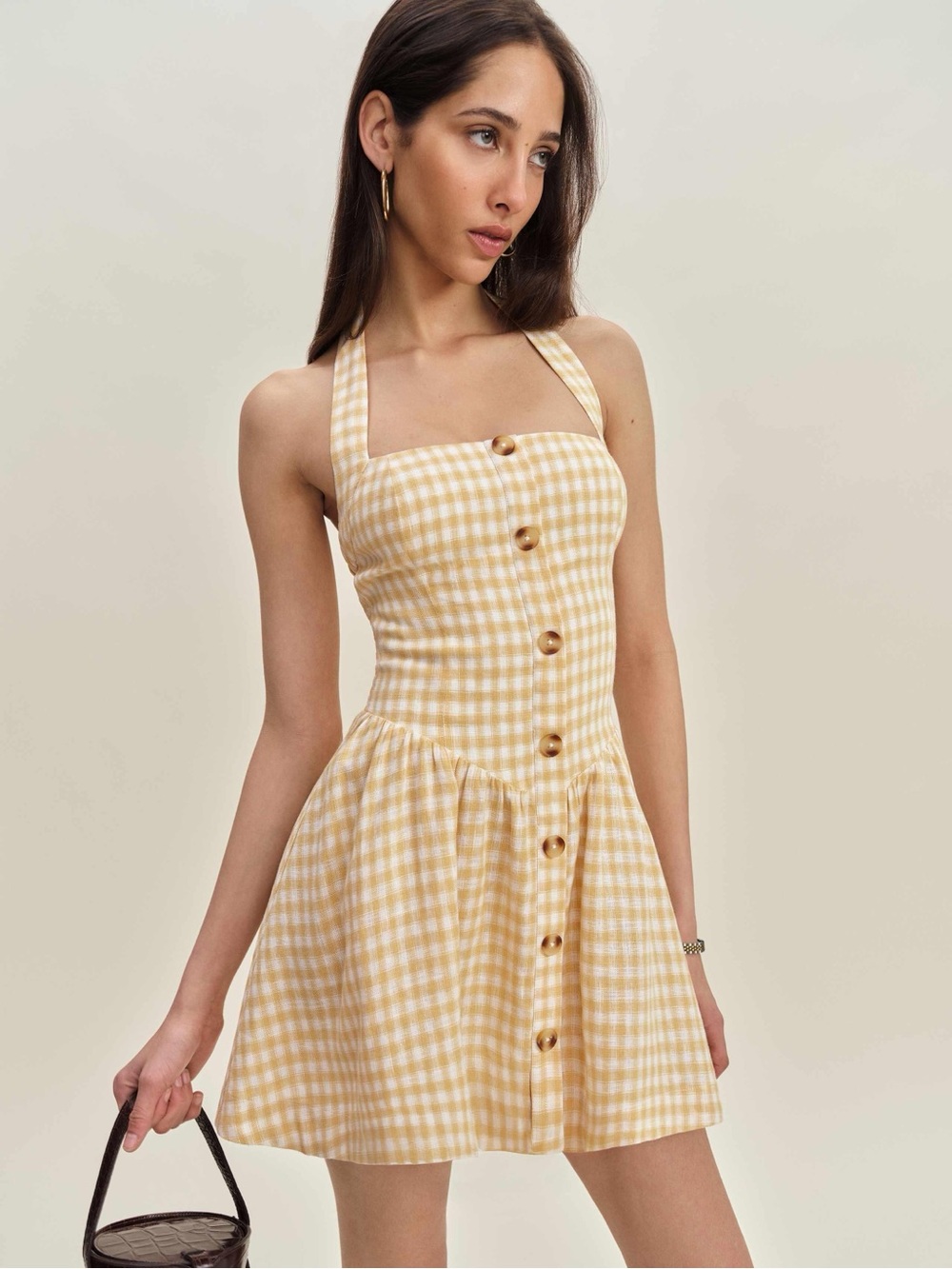 NWT Camila Coelho Yellow and white gingham mini dress Size L